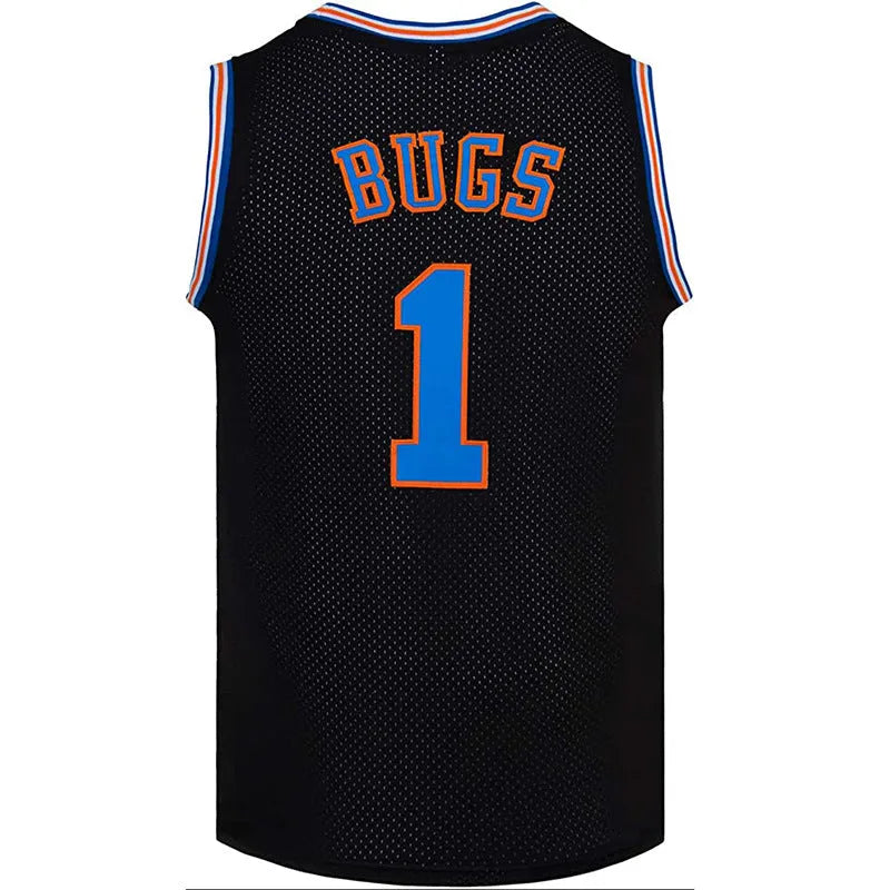 Black retro basketball jersey with embroidered BUGS logo and number 1