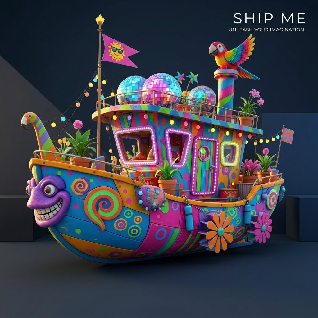 Colorful fantasy toy boat with patterned hull, lantern lights, and bird figure on deck