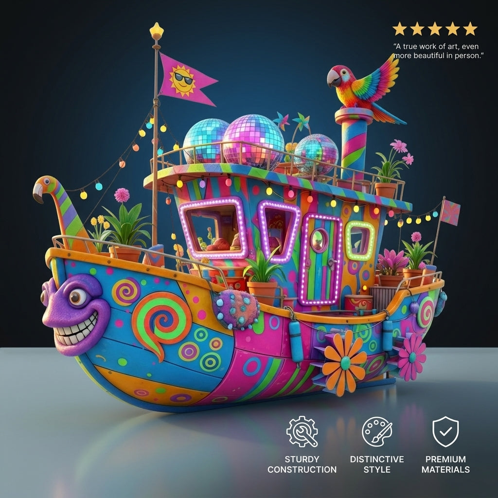 Colorful fantasy toy boat with patterned hull, glowing window panels, and bird figure on deck