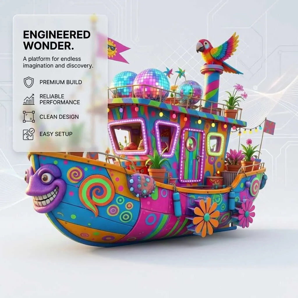 Colorful fantasy toy boat with patterned hull, glowing window panels, and bird figure on deck