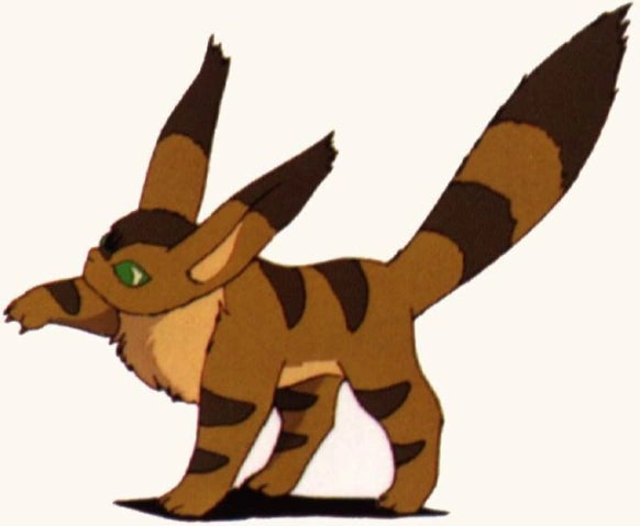 Brown and black striped catlike creature with green eyes standing