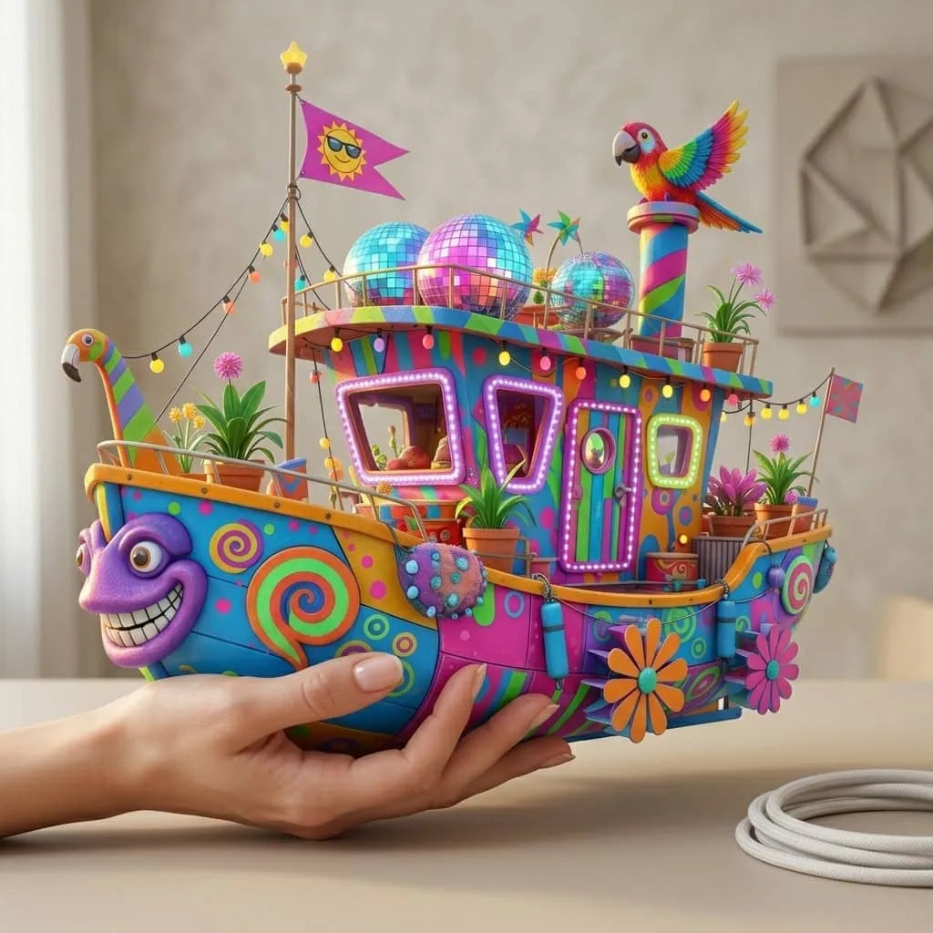 Colorful fantasy toy boat with patterned hull and glowing windows, bird figure on deck; held