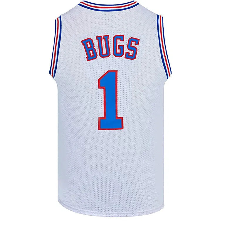 White retro basketball jersey with embroidered BUGS logo and number 1