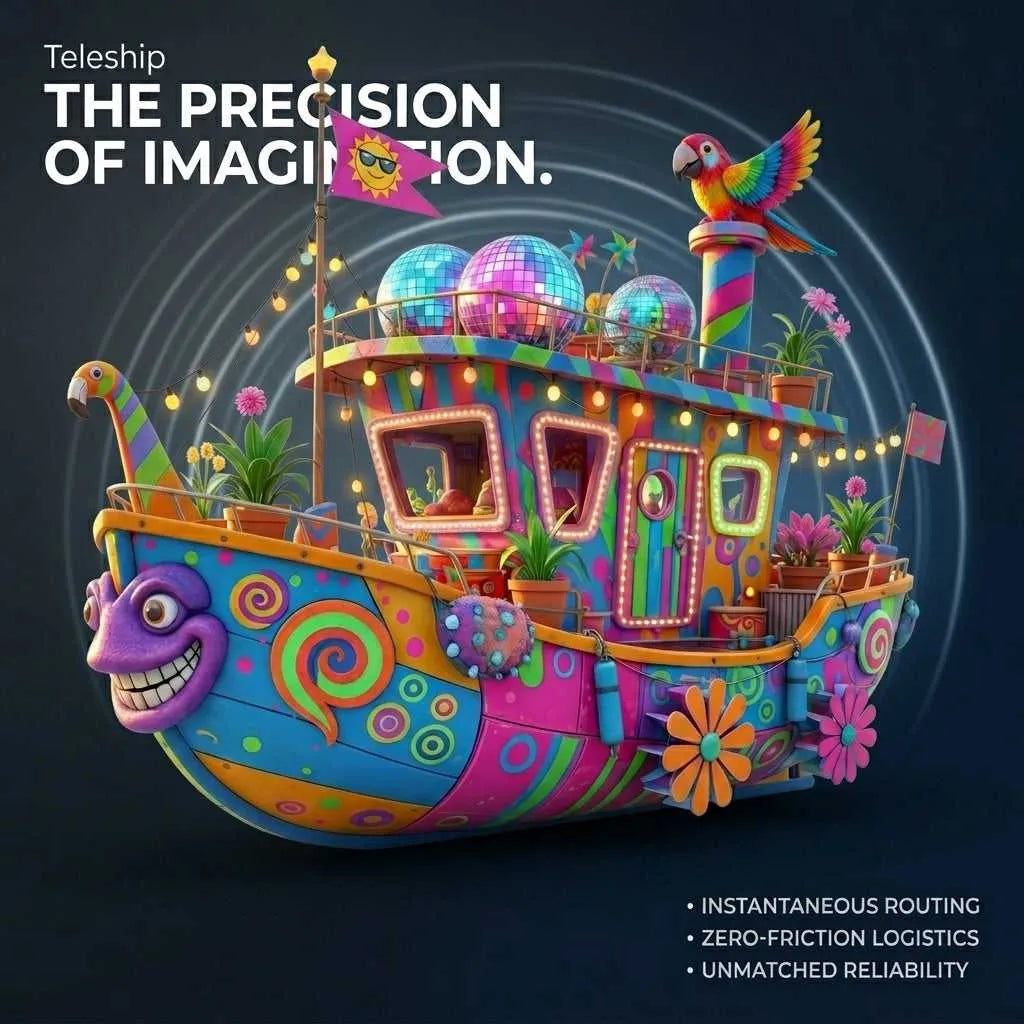 Colorful fantasy toy boat with patterned hull, glowing window panels, and bird figure on deck