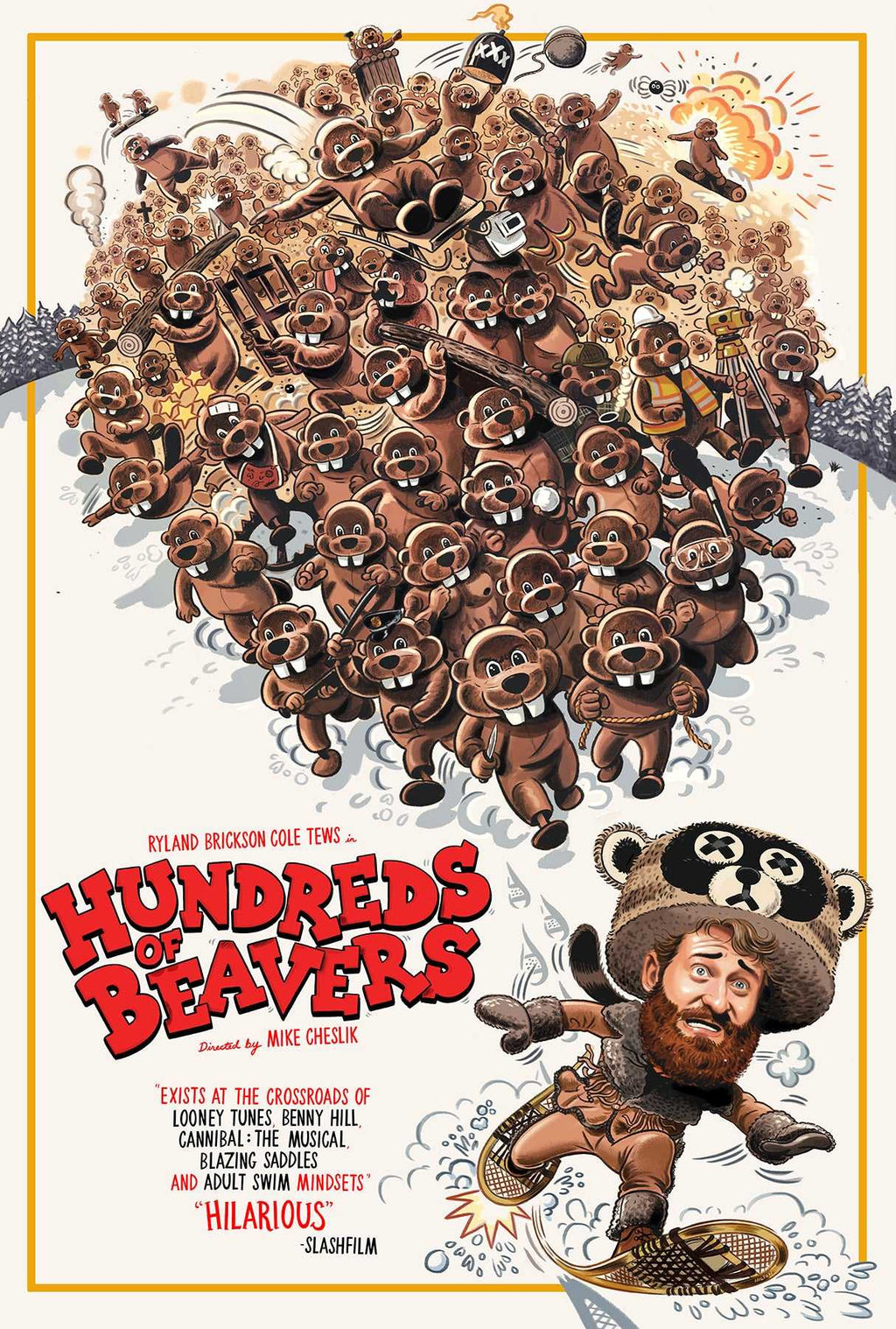 Hundreds of Beavers poster with beaver swarm, panda, and man holding a bowl; title text