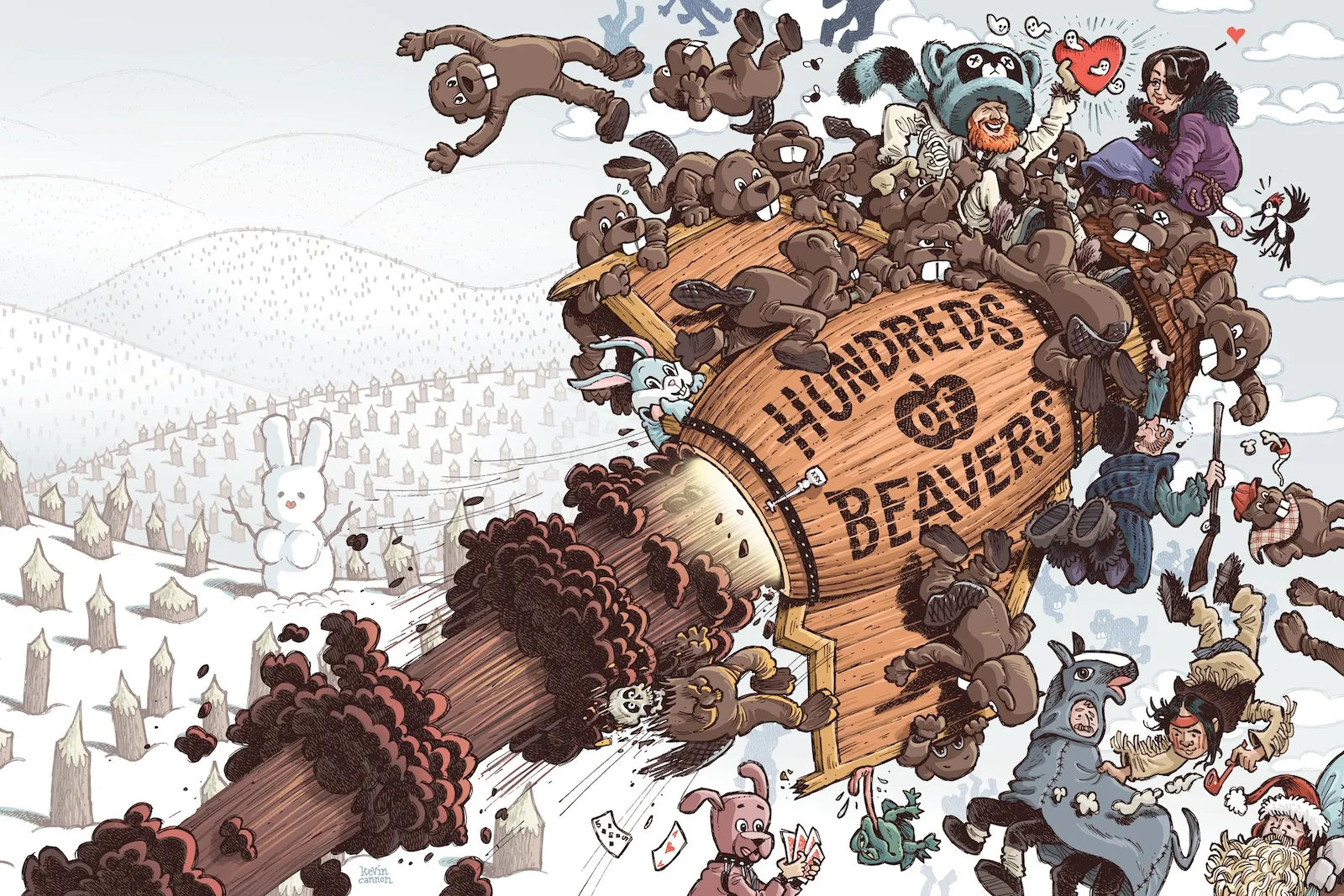 Illustrated Hundreds of Beavers poster with cartoon beavers swarming around a wooden log sign