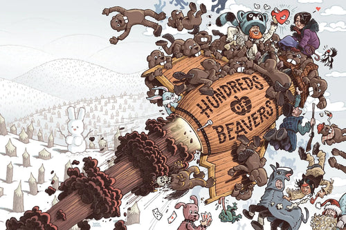 Illustrated Hundreds of Beavers poster with cartoon beavers swarming around a wooden log sign
