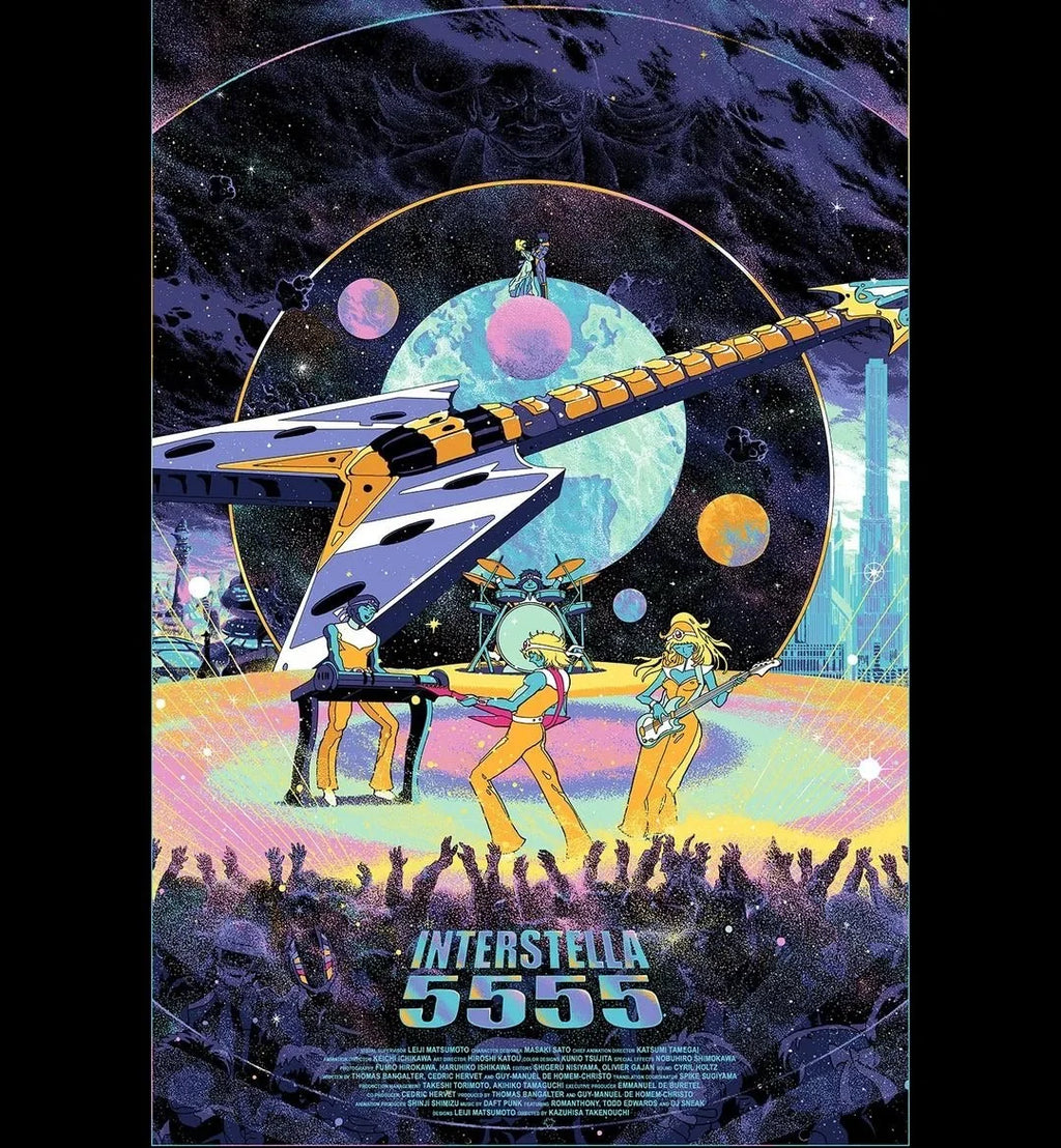 Interstella 5555 graphic poster with yellow-and-white guitar over space scene
