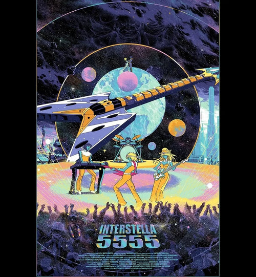 Interstella 5555 graphic poster with yellow-and-white guitar over space scene
